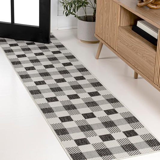 JONATHAN Y Geometric Bold Gingham Indoor Outdoor Runner Rug 2X8 Black/Cream, Darcy Traditional for Backyard, Patio, Porch, Easy-Cleaning, High Traffic, Pet-Friendly, Non-Shedding (TSN201A-28)