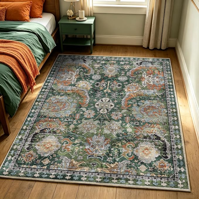 Washable Area Rugs - Perfect for Living Room, Bedroom, Kids Room, Nursery - Stain & Water Resistant Non-Slip, Pet & Child Friendly, Vintage Tribal Area Rugs (Green, 4' x 6')