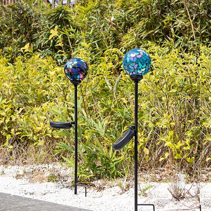 VCUTEKA Decorative Solar Garden Lights, 3.5" Mosaic Globe Stake 2 Pack | Mosaic Glass Design, Solar LED Light, Weather Resistant, Auto On/Off and Metal Stake Design for Lawn and Patio