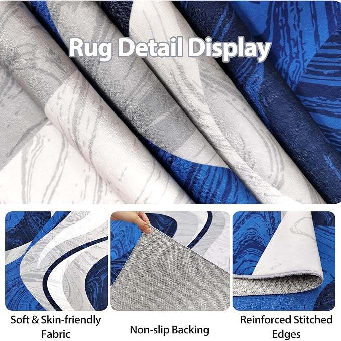 Washable Area Rug for Living Room, Indoor, Dinig Room – Soft Pile Non-Slip Rug for Kitchen – Modern Contemporary Design Machine Washable Carpet, Foldable Rug, Easy to Clean – (8X10-Dark Blue)