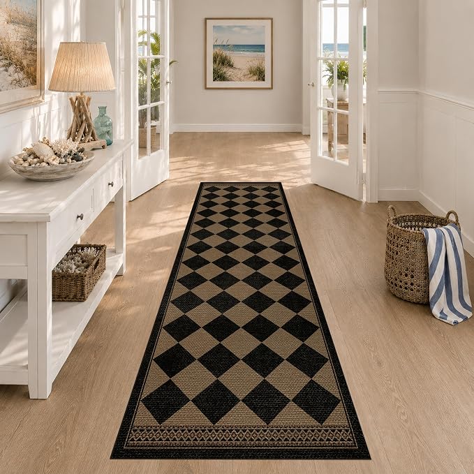 Black and Brown Easy Jute Hallway Runner Rug 2‘6”x8’, Washable Checkered 8ft Kitchen Runner Thin & Non Slip, Boho Diamond Checkerboard Indoor Outdoor Rug for Entryway Stain Resistant