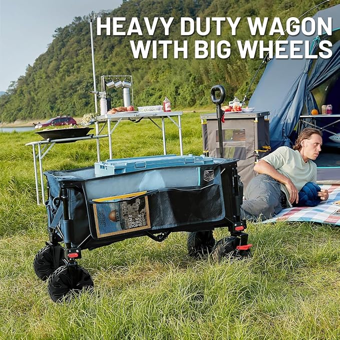 Timber Ridge Collapsible Wagon with Brakes Utility Folding Cart Heavy Duty All Terrain Wheels for Outdoor Shopping Camping Sports Garden with Side Bag and Cup Holders, Blue