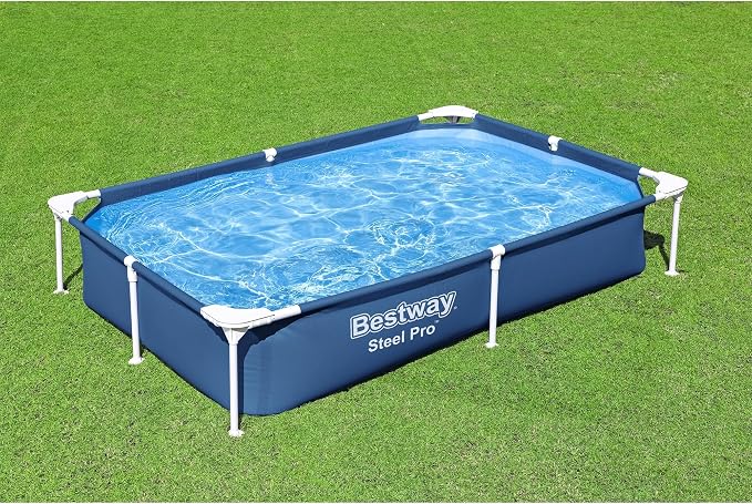 Bestway Steel Pro 87 Inch x 59 Inch x 17 Inch Rectangular Metal Frame Above Ground Outdoor Backyard Swimming Pool, Blue (Pool Only)