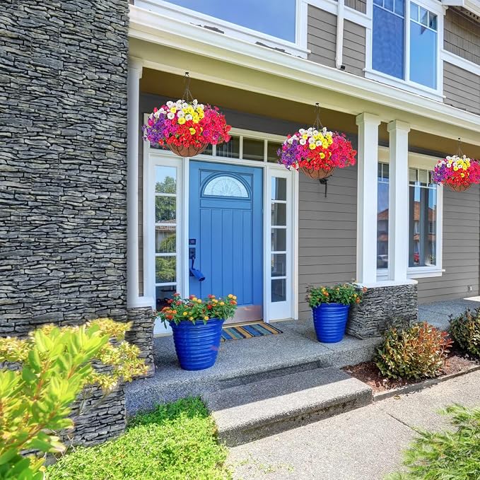 Artificial Faux Hanging Plants Flowers for Outdoors Baskets Spring Outside Decor, Fake Silk Morning Glory in Planter Look Real UV Resistant Outdoor Flowers for Porch Patio Balcony Garden Yard Home