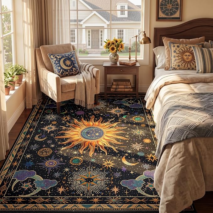 Vacuum-Friendly, 5x7 Washable Area Rug, Black Purple Gold | Sun and Moon Boho Gothic Non-Slip Low Pile Living Roon Bedroom Dining Room Kitchen Entry Entryway Entrance Hallway Doormat