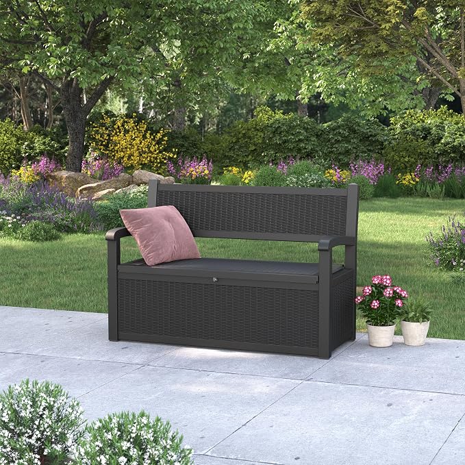 80 Gallon Outdoor Storage Bench, Resin Patio Storage Bench with Armrest, Lockable Deck Boxes Outdoor Waterproof and UV Resistant for Patio Cushions, Garden Tools and Pool Supplies, Black