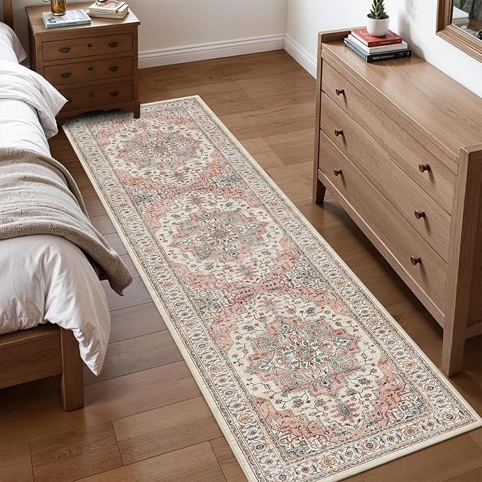 2x8 Vintage Runner Rug Low Pile Non-Slip Washable Hallway Rug | Retro Distressed Print Rug Non-Shedding Beige Pink Carpet Stain Resistant Long Rug for Hallway Kitchen Bedroom Laundry Room
