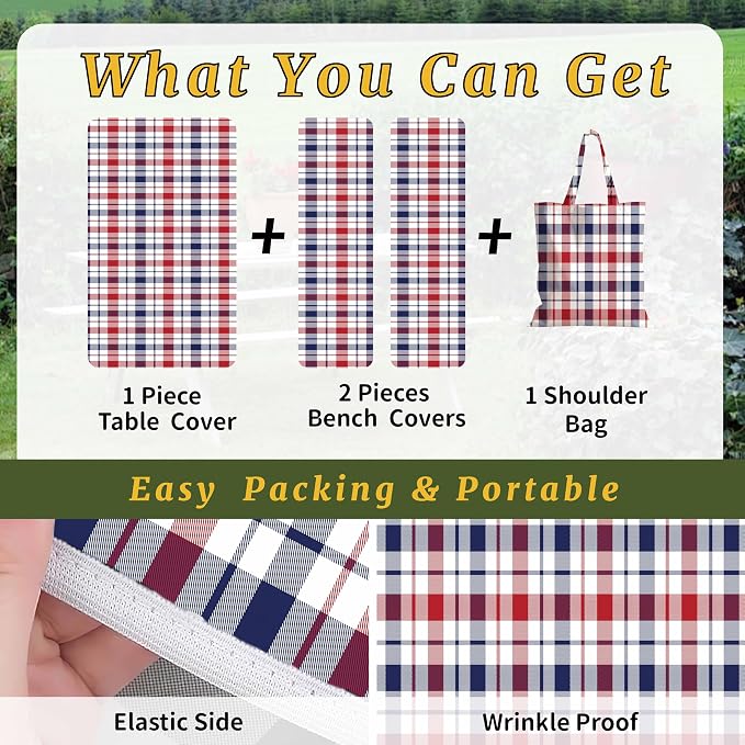 Picnic Table Cover with Bench Covers Elastic,Fitted Table cloths for Rectangle Tables 6 Foot Washable,Waterproof Tablecloth for Outdoor Camping Essentials (Red White Blue Buffalo Plaid, 6 Foot)
