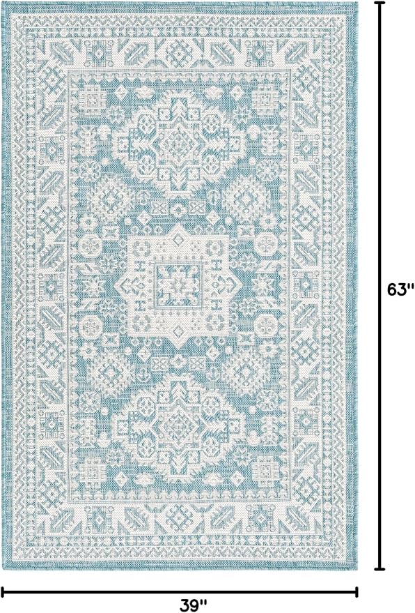 Unique Loom Outdoor Aztec Collection Area Rug - Chalca (3' 3" x 5' 3" Rectangle, Aqua/ Ivory)