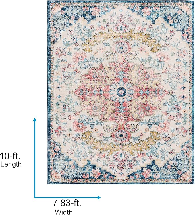 Livabliss Area Rugs - 8x10 Odelia Vintage Boho Aqua Burgandy Blue Area Rug for Living Room Bedroom - Floral Medallion Stain Resistant Carpet for Kitchen, Nursery, Office (7'10" x 10')