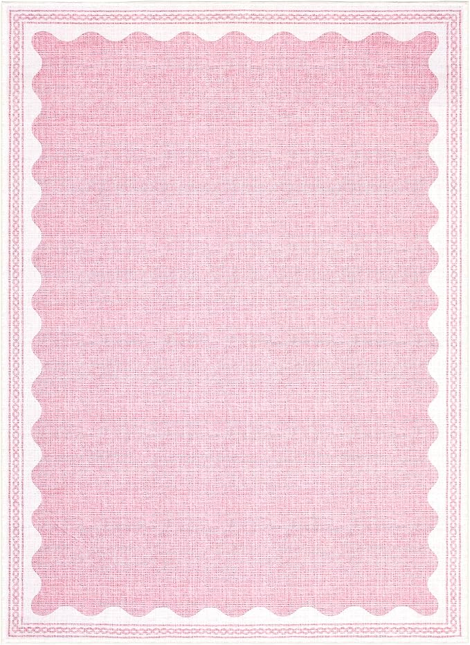 GarveeHome Scalloped Washable Rugs 9x12 Rug for Living Room Non-Slip Solid Pink Modern Minimalism 9 x 12 Rug Low-Pile Carpet for Bedroom Dining Nursery Mat with Rubber Back