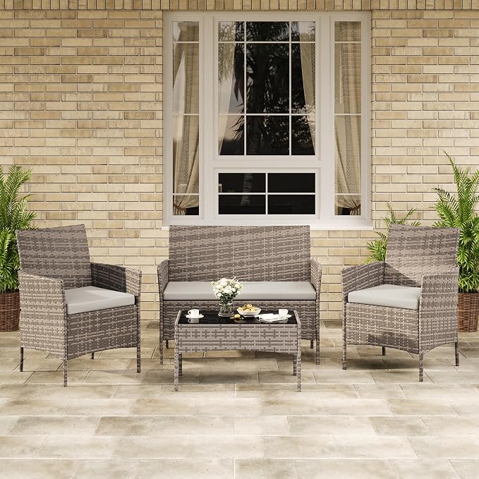4-Piece Outdoor Furniture Set, PE Rattan Wicker Chairs with Soft Cushions & Tempered Glass Coffee Table - All-Weather Patio Set for Garden, Backyard, Porch, Poolside (Grey)
