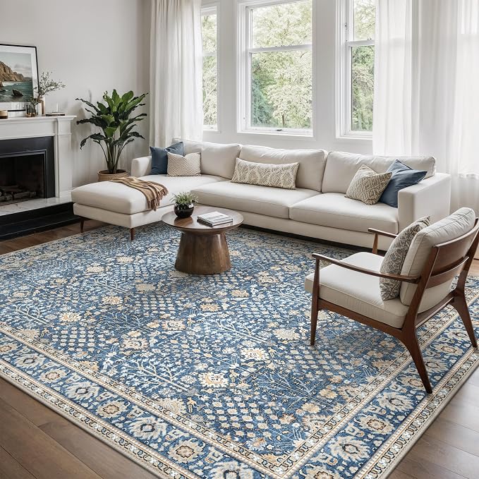 Washable Rugs 8x10 for Living Room, Low Pile, Lake Blue | Vintage Distressed Design Area Rug, Spill Resistant Lightweight Non-Shedding Carpet for Bedroom, Dining Room, Office