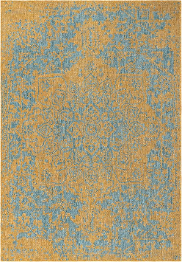 Unique Loom Jill Zarin Jill Zarin Outdoor Collection Area Rug - Dubai (7' 1" x 10' Rectangle, Yellow and Aqua/Light Blue)