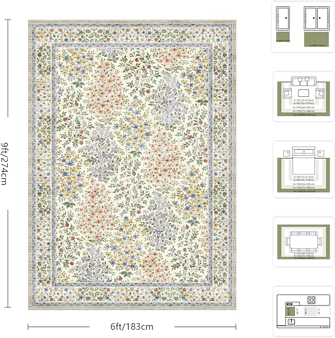 6x9 Area Rugs, Washable Floral Area Rugs for Living Room, Indoor Area Rug for Bedroom, Dining Room, Low Pile Non-Slip Non Shedding Rug(Beige Floral)