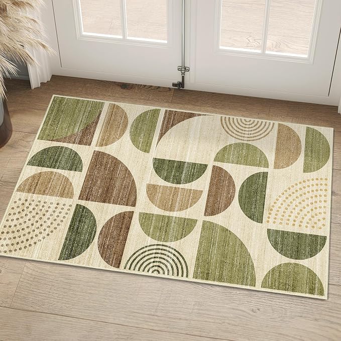 Small Rug Washable,2x3 Area Rugs Non Slip Modern Abstract | Throw Carpet for Entryway Bathroom Entry Entrance Bedroom Kitchen Boho Soft Low Pile Floor Indoor Vintage Green and Brown