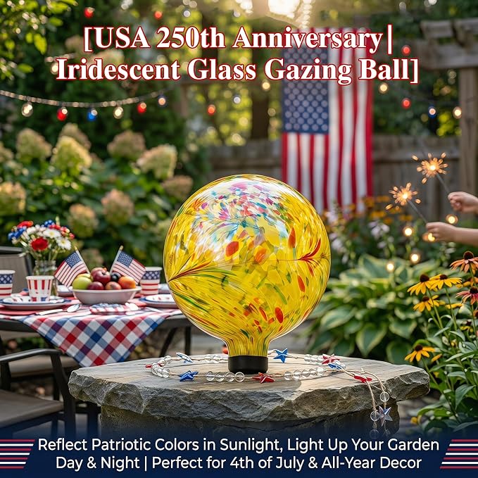 Glass Outdoor Gazing Globe, 10" Hand Blown Yellow Swirl Gazing Ball | Decorative Garden Orb for Yard, Patio, Lawn & Flower Beds
