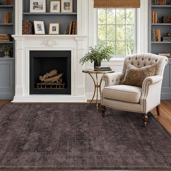 Farmhouse 4x6 Dark Taupe Brown Area Rug for Living Room, Kitchen, Entryway & Bedroom, Washable Boho Vintage Carpet with Distressed Geometric Pattern, Low Pile, Slip-Resistant, Stain Resistant