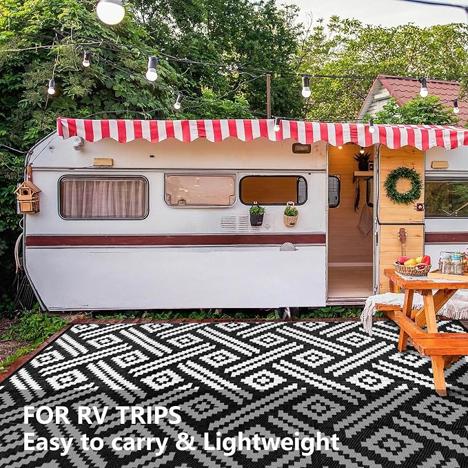 Outdoor Patio Plastic Straw Rug - 8x10 ft Outdoor Camping Rug Waterproof Reversible, Area Carpet Patios RV, Outside Porch Balcony Deck for Camper, Moden Black White