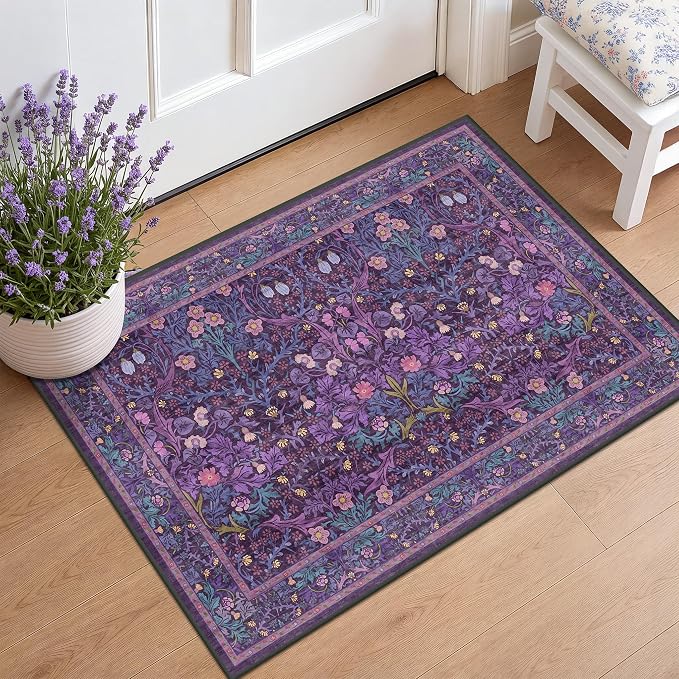 Washable Small Purple Rug 2x3 for Entryway Non Slip, Bohemian Throw Rug for Bathroom, Front Door Indoor, Mudroom, Kitchen, Vintage Plum Floral Décor, Stain & Fade Resistant