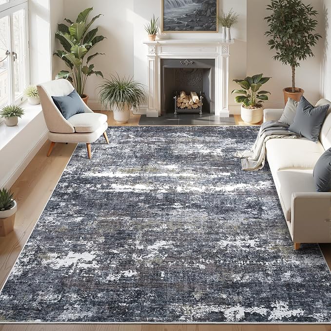 ROYHOME Abstract Rugs 9x12 for Bedroom Living Room Machine Washable Indoor Large Floor Carpet with Non Slip Backing Stain Resistant Grey Brown