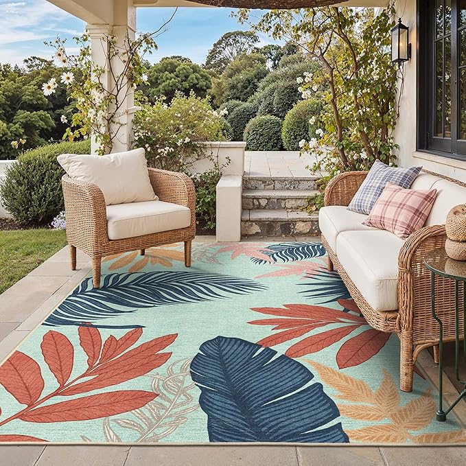 GENIMO Outdoor & Indoor Area Rug 5'x8', Waterproof, Non-Shedding, Easy Cleaning, Leaf Mat for Patio, Living Room, Balcony, Dining Room, RV, Deck, Bedroom, Camping, Outside Carpet, Blue Paint