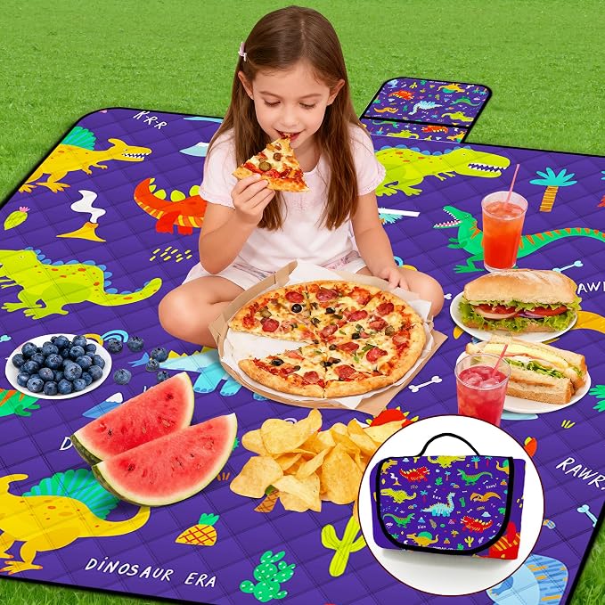 Extra Large Picnic Blanket Waterproof,80"x 80"Foldable Machine Washable Beach Blankets,Outdoor Blanket for 6-8 Adults,Picnic Mat Suitable for Indoor Crawling,Park Beach,Camping,Hiking,Travel（Dinosaur)