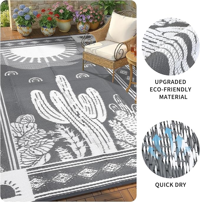 Garvee Waterproof Outdoor Rug 5x8, Cactus Botanical Outdoor Plastic Straw Rug for Camping, Reversible RV Mat Outside, Indoor Outdoor Carpet for Porch, Deck, Backyard, Balcony, Picnic, Grey