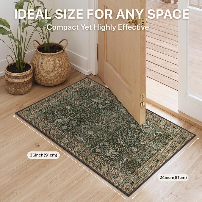 2x3 Washable Rug, Non Slip Entryway Mat, Dark Green Brown | Vintage Floral, Spill Resistant, Lightweight Low Pile Carpet for Kitchen, Hallway, Front Door and Bathroom