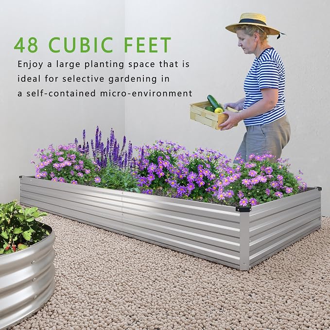 DIIYIV 2PCS 12x4x1FT Galvanized Raised Garden Bed Kit,Vegetable Boxes-Rectangle Metal Flower Box,Large Planter Raised Beds Outdoor Garden for Planting,Fruit,Herb-Silver
