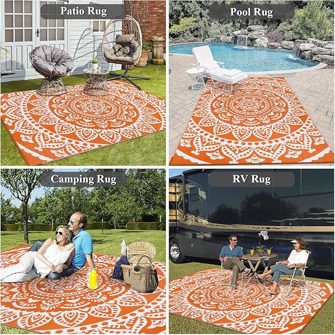 Bsmathom Waterproof Outdoor Rug 6'x9' Reversible Boho Plastic Straw Patio Deck Camping Rugs, Indoor Outdoor Portable RV Mat Clearance Carpet for Outside, Porch, Balcony, Backyard, Beach, Pool,Orange