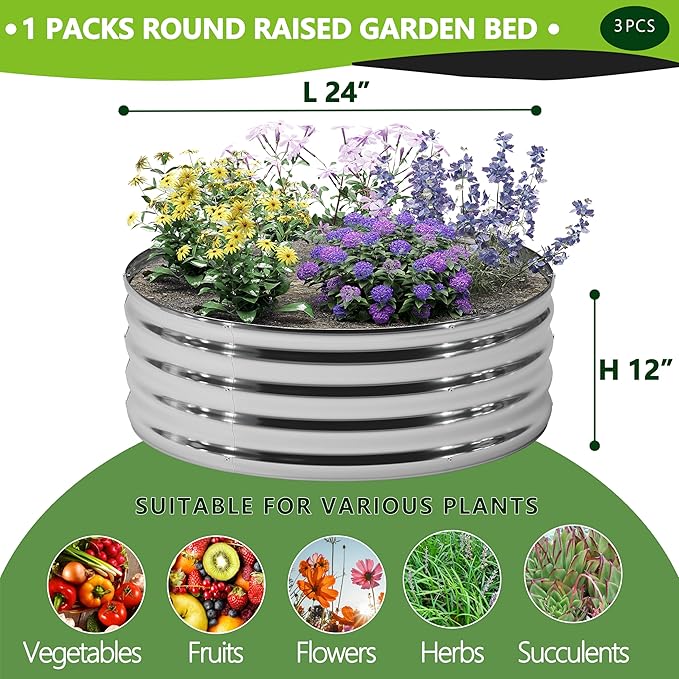 DIIYIV 3PCS 2x2x1FT Galvanized Raised Garden Bed, Outdoor Metal Vegetable Flower Planter Box Silver
