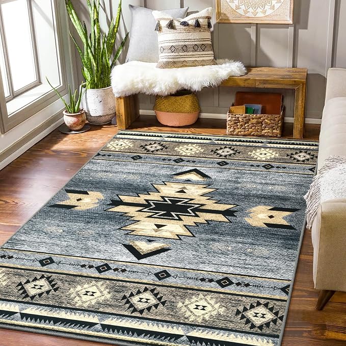 BENRON Western Rugs for Living Room Bedroom 3x5, Non Slip Washable, Grey | Southwest aztec Throw Area Rugs for Dining Table Kitchen Home Decor