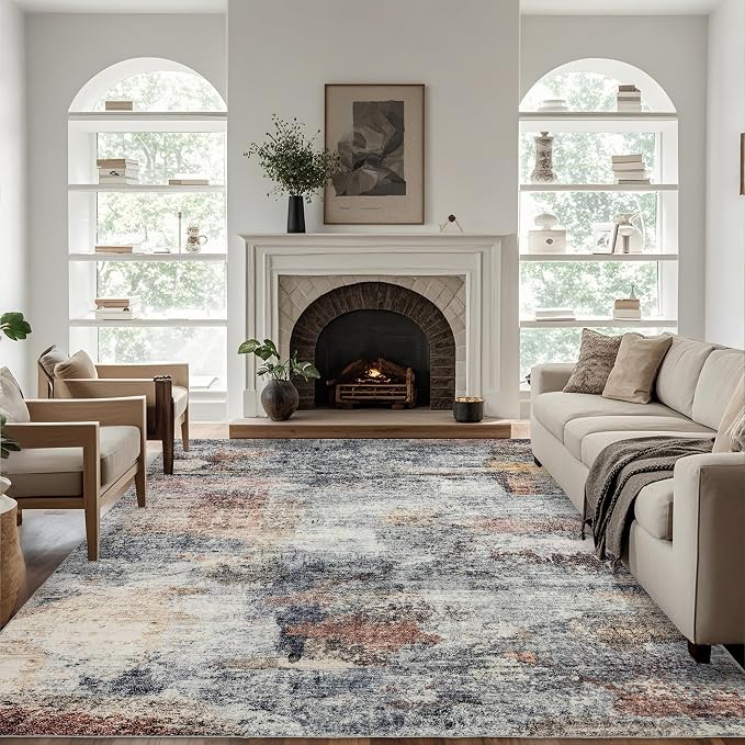 Washable 10x14 Area Rug: Modern Large Rugs for Living Room Dining Room Bedroom Office Indoor - Non-Slip Carpet Home Decor - Rustic Black Brick