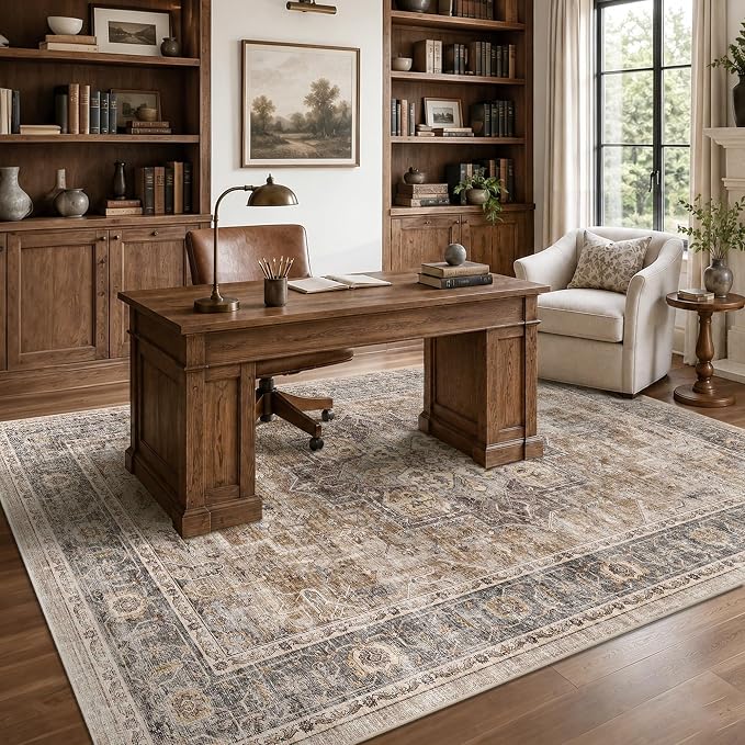 6x9 Area Rug for Living Room Soft Washable Vintage Boho Area Rug | Non-Slip, Retro Print, Low Pile, Stain Resistant, Soft Washable Brown Carpet, for Bedroom, Dining Room, Nursery, Home Office