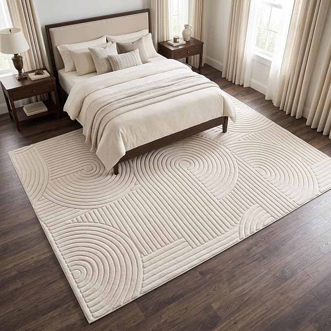 Beige Geometric 5x7 Solid Area Rug, Washable Living Room Rug | Ultra Soft Boho Pattern Minimalist Non-Slip Carpet, Rugs for Bedroom, Bedsied, Kids Room, Nursery, Apartment, Home Office