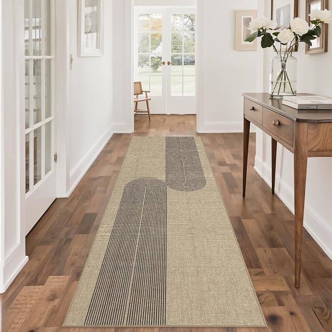 Outdoor Easy Jute Runner Rug: 2.5x8 Modern Natural Area Rugs for Front Patio Hallway Linen-Look Fabric Durable - Neutral Washable Mat for Entryway Kitchen Bedroom - Black Stripes