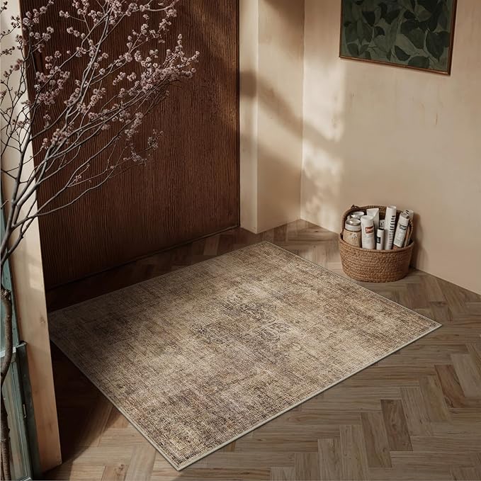 2x3 Brown Vintage Area Rug | Washable, Non Slip, Soft Low Pile, Neutral Farmhouse, for Entryway Kitchen Bathroom Living Room Bedroom Indoor Home Decor