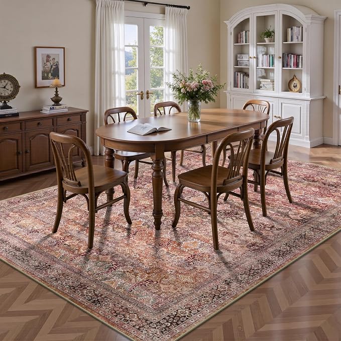 5x7 Area Rugs - Washable Vintage Retro Living Room Rug, Soft Ultra Thin Non Slip Low Pile Traditional Distressed Boho Carpet for Bedroom Dining Room Nursery Home Office, Vintage Iron Red