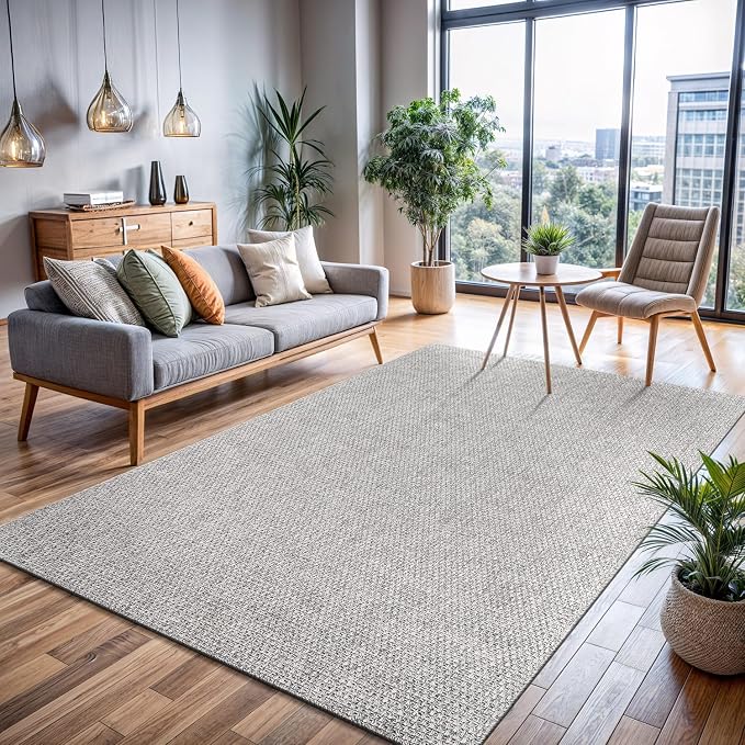 CAMILSON Easy Jute Rug 8x10, Indoor Outdoor Grey Color Area Rugs for Living Room Farmhouse Patio and Kitchen Rug, Solid Boho Woven Design, Easy-Cleaning, Washable Outside Carpet Alfombras (8 x 10)