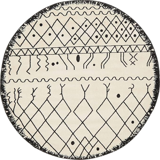 Unique Loom Fez Collection Tribal, Moroccan, Bohemian Area Rug (6' 0 x 6' 0 Round, Beige/ Black)