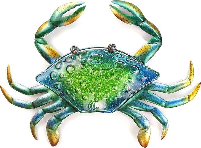 JOYBee 17.2Inch Large Metal Crab Wall Art Decor,Decoration for Outdoor Indoor,Nautical Hanging Art Blue Green Stained Glass with Metal for Garden Pool Patio Balcony Kitchen or Bathroom