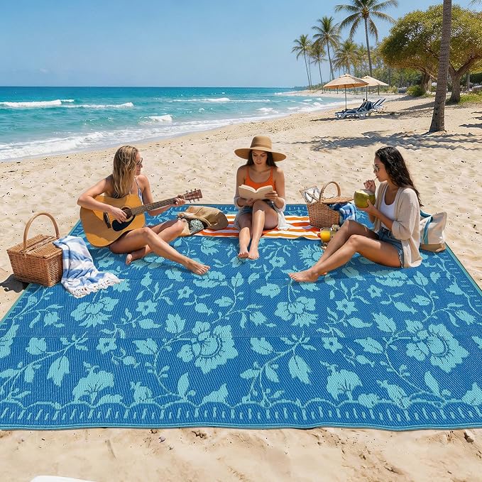 Garvee 5x8 Outdoor Patio Rug, Floral Waterproof Outdoor Rug for Camping with Portable Bag, Vintage Plastic Straw RV Rugs for Outside, Reversible Mats for Picnic Backyard Porch Balcony, Dark Blue