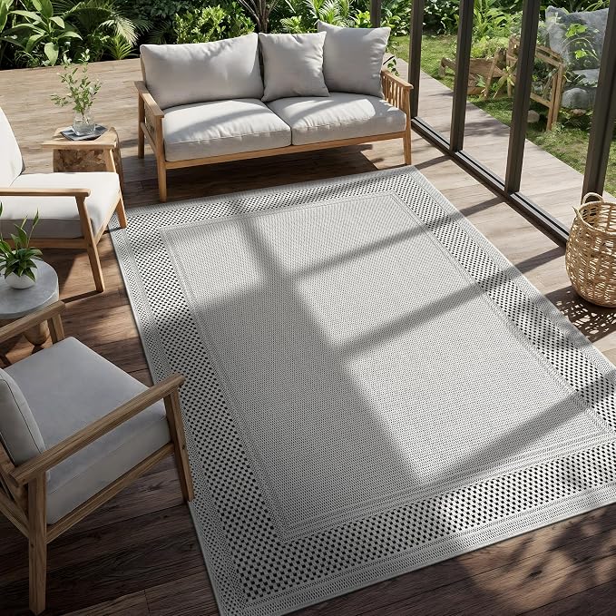 CAMILSON Easy Jute Rug 9x12, Indoor Outdoor Off-White Color Fiber Area Rugs for Living Room Patio and Dining Room Rug, Bordered Boho Woven Design, Easy-Cleaning, Washable Outside Carpet (9 x 12)