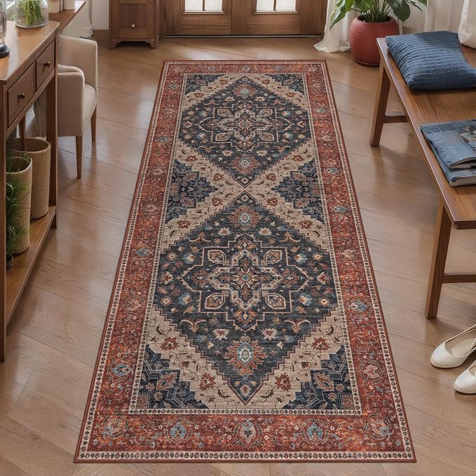 Tangsoo 2x5 Washable Runner Rugs for Hallway, Vintage Non Slip Rug Runner | Oriental Soft Low Pile Rug Runner, Farmouse Carpet Runners for Entryway Kitchen Bedroom Bathroom Living Room Dark Blue/Orange