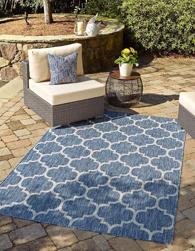 Unique Loom Outdoor Trellis Collection Area Rug (10' x 13' 1" Rectangle, Navy Blue/ Ivory)