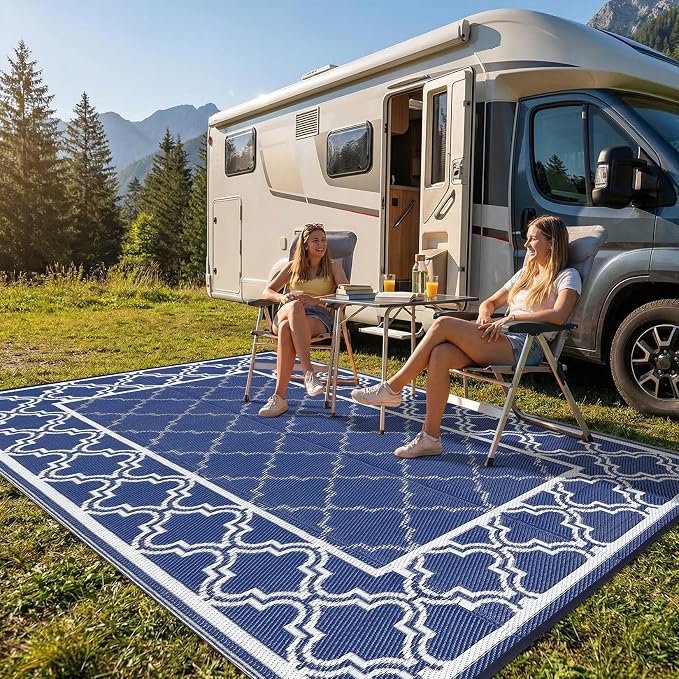 Garvee Reversible Outdoor Rug 8x10, Waterproof Outdoor Plastic Straw Rug with Interlacing Pattern, RV Mat for Picnics, Patio, Camping, Balcony, Deck, Backyard, Porch, Blue