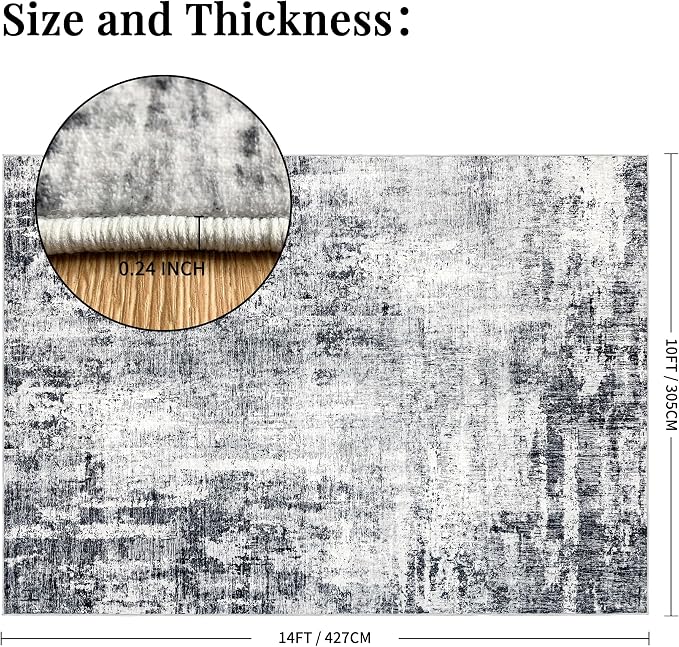 Washable 10x14 Area Rug: Modern Large Rugs for Living Room Dining Room Bedroom Office Indoor - Non-Slip Carpet Home Decor - 10x14 Black Grey