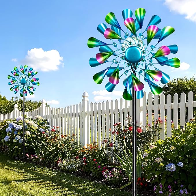 Solar Wind Spinner Outdoor Metal - Peacock Kinetic Garden Sculptures with Color-Changing LED Lights, Waterproof Wind Catchers Yard Art Decor for Patio Lawn, for Women (Green)
