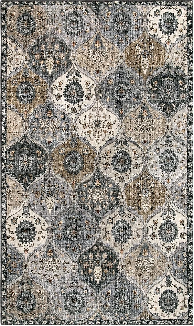 Lahome Moroccan Trellis Washable Area Rugs, 3x5 Rug for Bedroom Entryway Indoor Non-Slip, Small Oriental Accent Carpet for Living Room Kitchen Bathroom Office Elise, Grey